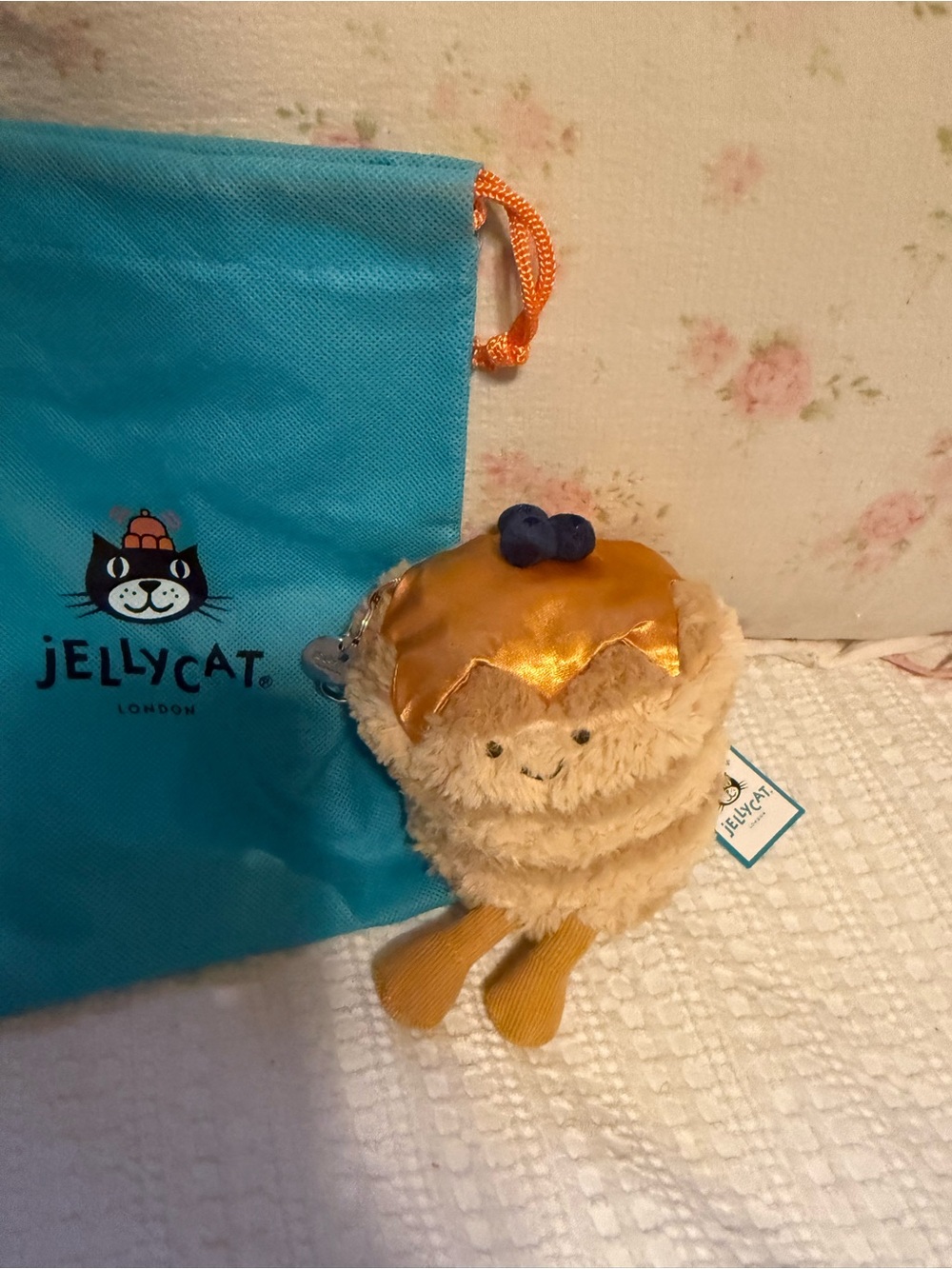 Jellycat Golden Beige Cat Pancake Plush Keychain with Navy Berry